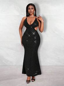 Slaydiva Black Glitter Knitted Long Dress, Elegant Hollow-Out Fitted Party Dress Suitable For Party, Valentine's Day, Date Night - Black - View 10