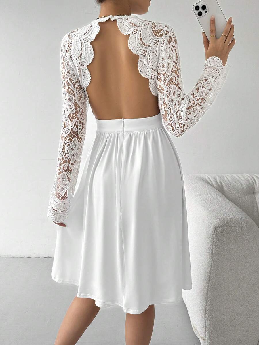 SHEIN Privé Women's Elegant Lace Patchwork Backless Long Sleeve Dress, White Dress - White - View 1