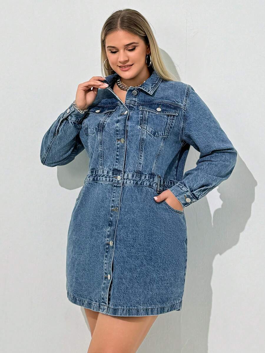 EURMUSE LONG SLEEVE MINI DENIM DRESS PLUS SIZE - Medium Wash - View 1