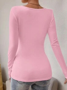 SHEIN Maternity Sweetheart Neck Ruched Long Sleeve Form-Fitting T-Shirt - Pink - View 2