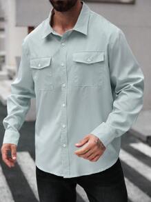 Manfinity Homme Áo sơ mi nam sọc dài tay túi hộp cỡ lớn thường ngày, mùa thu - màu xanh lá - Xem 6