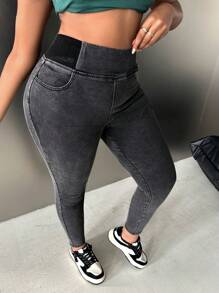 Slaydiva Plus Size High Waist Stretchy Black Skinny Fit Jeans - Black - View 6