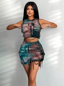 Zolique Women Tie Dye Ripped Cut Out Cropped Tank Top And Form-Fitting Mini Skirt Set, 2 Pieces - Dark Green - View 1