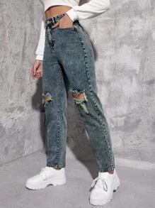 SHEIN EZwear 正面纽扣闭合、多口袋、破洞简约休闲牛仔裤 - 深色水洗藍 - 查看 3