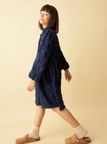 SHEIN Tween 女童休闲日常装蓝色褶皱荷叶边领泡泡袖喇叭下摆连衣裙，秋冬 - 藍色 - 查看 2