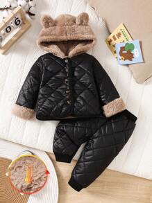 Conjunto de 2 piezas de ropa cálida y gruesa para bebé niño/niña para otoño/invierno, con chaqueta con capucha de forro polar y pantalones deportivos gruesos, estilo coreano, a prueba de viento, suave y acogedor para la temporada fría