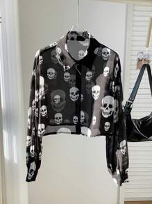 Comfortcana Skeleton Print Chiffon Cropped Long Sleeve Blouse For Halloween