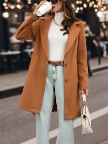 RueChic Lapel Neck Belted Slant Pocket Overcoat - Camel - View 4