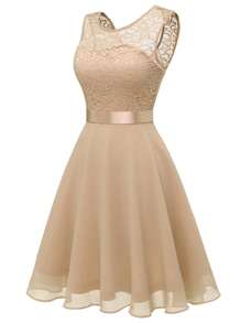SHEIN Clasi Vestido de encaje champán sin mangas de verano para mujer