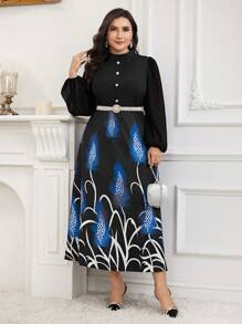 Modelyn Plus Size Feather Print Patchwork Long Sleeve Button Front Casual Dress Long Evening Dresses