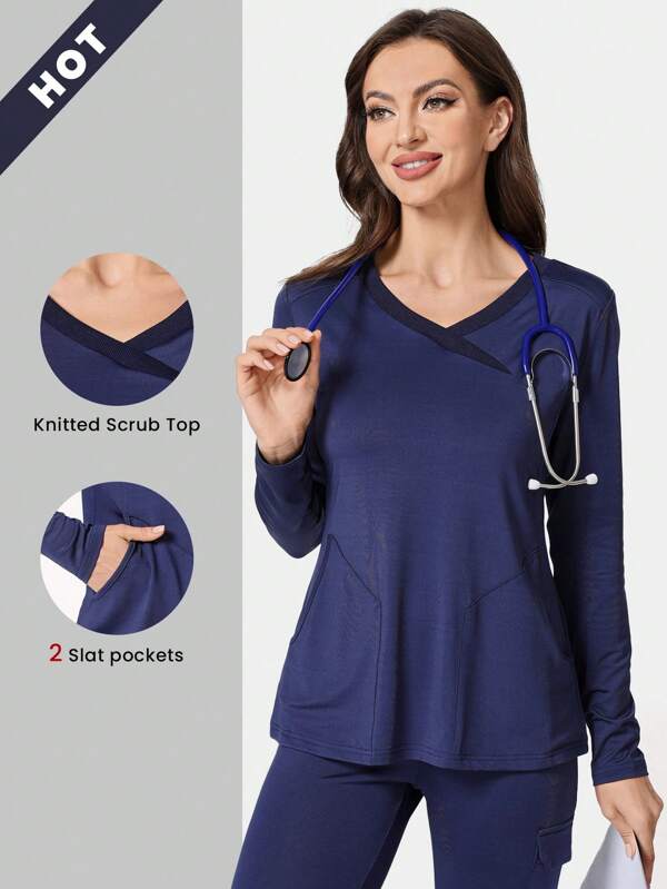 TaskEZ Solid Color Patchwork Long Sleeve Pocket Minimalist Casual Scrub Uniform Top