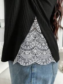 SHEIN Essnce Áo thun dài tay màu đen cổ tròn ren chải kỹ cỡ lớn cho nữ mùa thu đông, quần áo mùa thu, áo mùa đông, áo ấm, trang phục mùa thu cho phụ nữ, áo mùa thu, áo dài tay cho phụ nữ, áo cong, trang phục đi du ngoạn cho phụ nữ, áo làm việc, quần áo giáo viên - màu đen - Xem 1