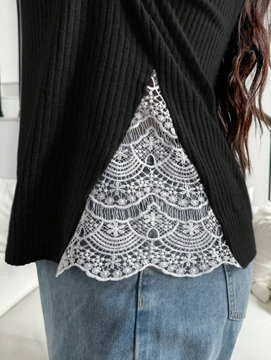 SHEIN Essnce Áo thun dài tay màu đen cổ tròn ren chải kỹ cỡ lớn cho nữ mùa thu đông, quần áo mùa thu, áo mùa đông, áo ấm, trang phục mùa thu cho phụ nữ, áo mùa thu, áo dài tay cho phụ nữ, áo cong, trang phục đi du ngoạn cho phụ nữ, áo làm việc, quần áo giáo viên - màu đen - Xem 1