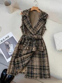 SHEIN Clasi Plaid Pattern Raw Trim Double Breasted Tweed Vest Overcoat - Multicolor - View 1
