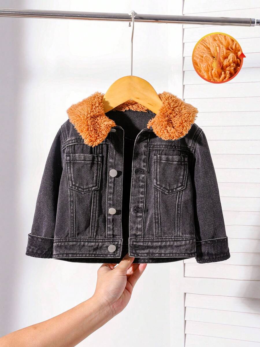 SHEIN 婴儿/幼儿女孩牛仔夹克，带仿羊羔绒衬里，冬季休闲外套 - 黑色 - 查看 1