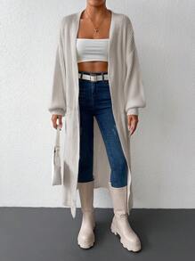 EURMUSE Cárdigan de manga larga oversized para mujer con bolsillos grandes, color liso - Albaricoque - Ver 4