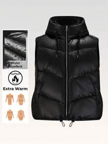 SHEIN LUNE Chaleco acolchado con capucha y cordón, bolsillos, a prueba de viento, cálido, ropa de invierno para tallas grandes