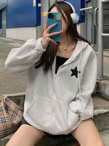 DAZY 女士休闲星星刺绣保暖内衬连帽衫，秋冬 Y2K 长袖上衣拉链夹克 - 淺灰色 - 查看 4