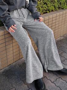 FRIFUL Women's Casual Color Block Striped Drawstring Waist Wide Leg Pants - Black - View 2
