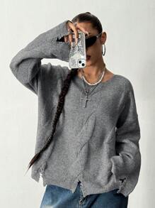 SHEIN Unity 女士秋冬纯色落肩长袖宽松休闲毛衣 - 灰色 - 查看 2