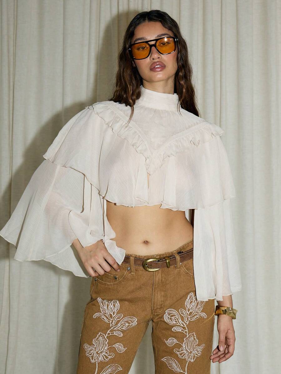 AiiRZ Blusa con cuello alto de manga larga con detalles de volantes en estilo boho
