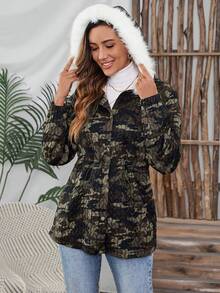 EMERY ROSE 女士迷彩图案长袖保暖内衬连帽宽松常规夹克，冬季 - 軍綠色 - 查看 4