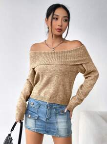 SHEIN Unity 女士纯色翻边露肩针织套头衫，秋冬款 - 卡其色 - 查看 3