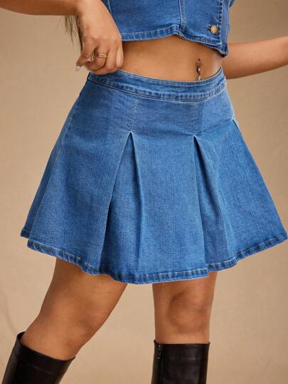 Forever 21 Chân váy denim xếp ly chữ A thời trang cỡ lớn