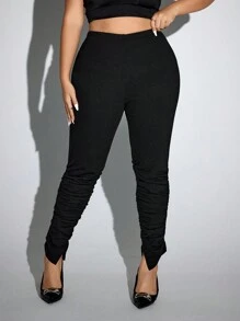 SHEIN ICON Plus Size Casual Solid Color Ruched Slim Fit Pants - Black - View 4