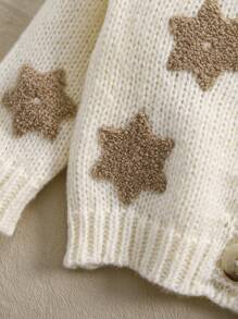 SHEIN Baby Girl Khaki Fuzzy Snowflake & Star Pattern Adorned Soft Beige Fabric Elegant Cardigan, Suitable For Autumn/Winter, For Christmas - Beige - View 6