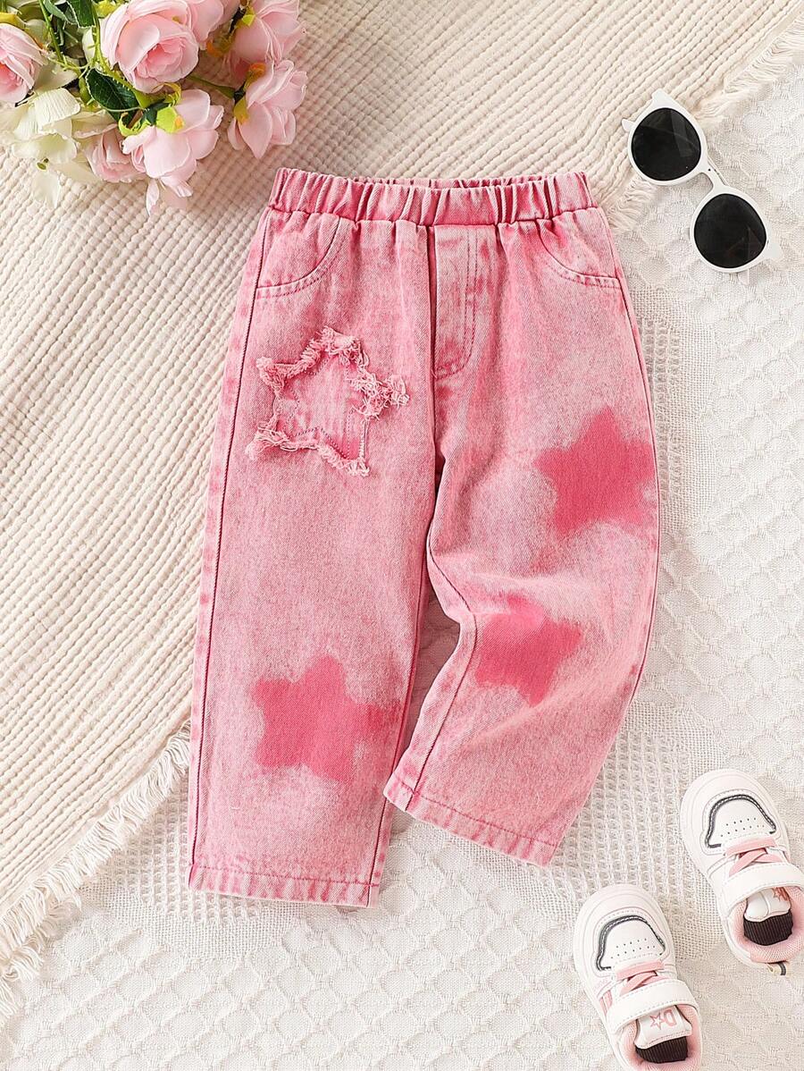 Toddler Girls Cute Star Pattern Pink Denim Jeans, Fall/Winter - Multicolor - View 1
