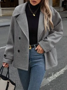 EMERY ROSE Women's Solid Color Double-Breasted Overcoat, Autumn & Winter Fall Cloth For Women - Dark Grey - View 4