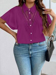 SHEIN Clasi Plus Size Casual Contrast Lace Flutter Sleeve Blouse, Summer
