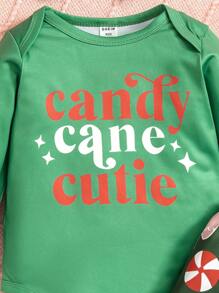 3pcs Baby Girls' Casual Christmas Tree, Snowman Letter Print Long Sleeve Bodysuit, Flared Pants And Headband Set, Spring Autumn - Green - View 7