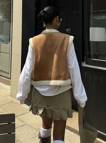 SHEIN EZwear Brown Casual Fluffy & Leather Sleeveless Vest With Pockets - Brown - View 2