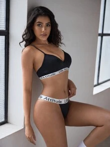 EasyFave Conjunto de sujetador y pantie con bordado de letras para mujer - Negro - Ver 4