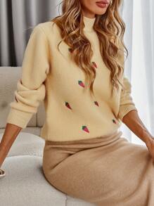 GENKIRA Sweet Academic Style Strawberry Embroidered Turtleneck Women's Sweater, Autumn, Knit Pullover Fall Winter - Yellow - View 6