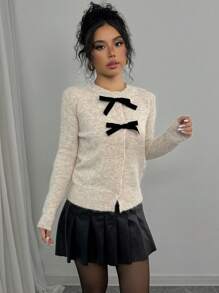 Women's Bow Decor Front Button Casual Versatile Long Sleeve Cardigan - Apricot - View 5