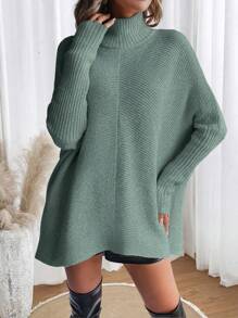 Chiquease 休闲女式纯色高领蝙蝠袖毛衣，秋冬针织套头衫 - 綠色 - 查看 5