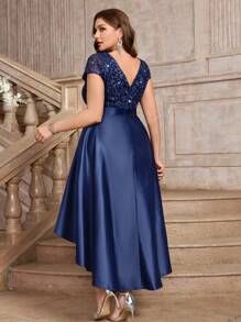 Abendkleid mit V-Ausschnitt, Spitze, Pailletten-Einsatz, Kontrastsatin, A-Linie Saum mit hohem/niedrigem Saum, für Abendpartys, Proms, Hochzeitsgäste, Silvester, Geburtstage, Homecoming, Festivals