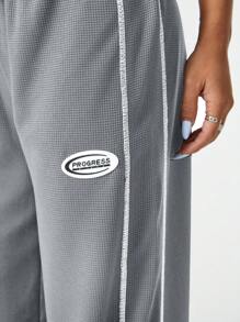 SHEIN 青少年女孩返校服装图案复古阔腿运动裤足球/排球感恩节万圣节服装圣诞节运动裤春/秋/冬 - 淺灰色 - 查看 3