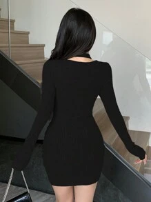 Joudiya Halter Neck Patchwork Mini Dress For Women,Fall Clothes Long Sleeve Dress - Black - View 5