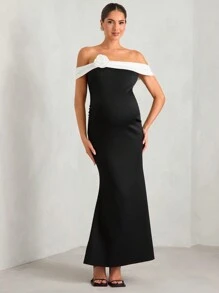 MaterniChic Maternity French Elegant Black Dress, Off Shoulder Neckline With Floral Decor, Slit Fish Tail Hem, Bodycon Fit, Suitable For Party, Wedding, Formal Occasion, Dress