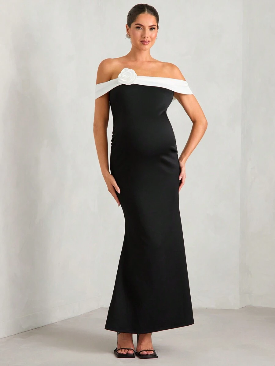 MaterniChic Maternity French Elegant Black Dress, Off Shoulder Neckline With Floral Decor, Slit Fish Tail Hem, Bodycon Fit, Suitable For Party, Wedding, Formal Occasion, Dress