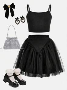 SHEIN Tween Girls' 2pcs/Set Elegant Swan Style Camisole And Tulle Skirt Outfit, Fashionable And Sophisticated For Christmas Party, Autumn