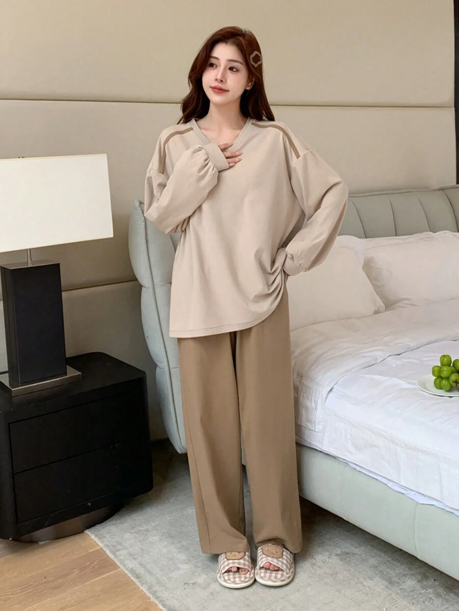 DAZY Minimalist Fleece Patchwork V-Neck Loose Loungewear Set Fall,Winter Pajama - Apricot - View 1