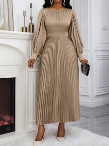 SHEIN Unity Women's Autumn Cinched Waist Pleated Puff Sleeve A-Line Dress Maxi Women Outfit - Khaki - View 7