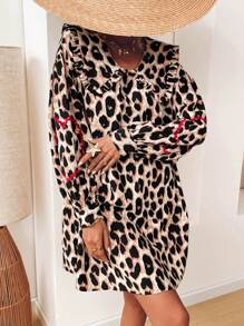 SHEIN VCAY Women's Autumn Leopard Print Frill Collar Long Sleeve Loose Fashion Dress - Multicolor - View 5