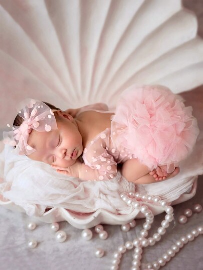 SHEIN Conjunto de ranper de lunares de encaje con diadema, como prop fotográfico para recién nacidos niñas