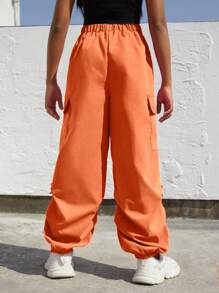 SHEIN Explorewe Tween Girl Plain Elastic Waist Cargo Pocket Harem Casual Pants - Orange - View 5